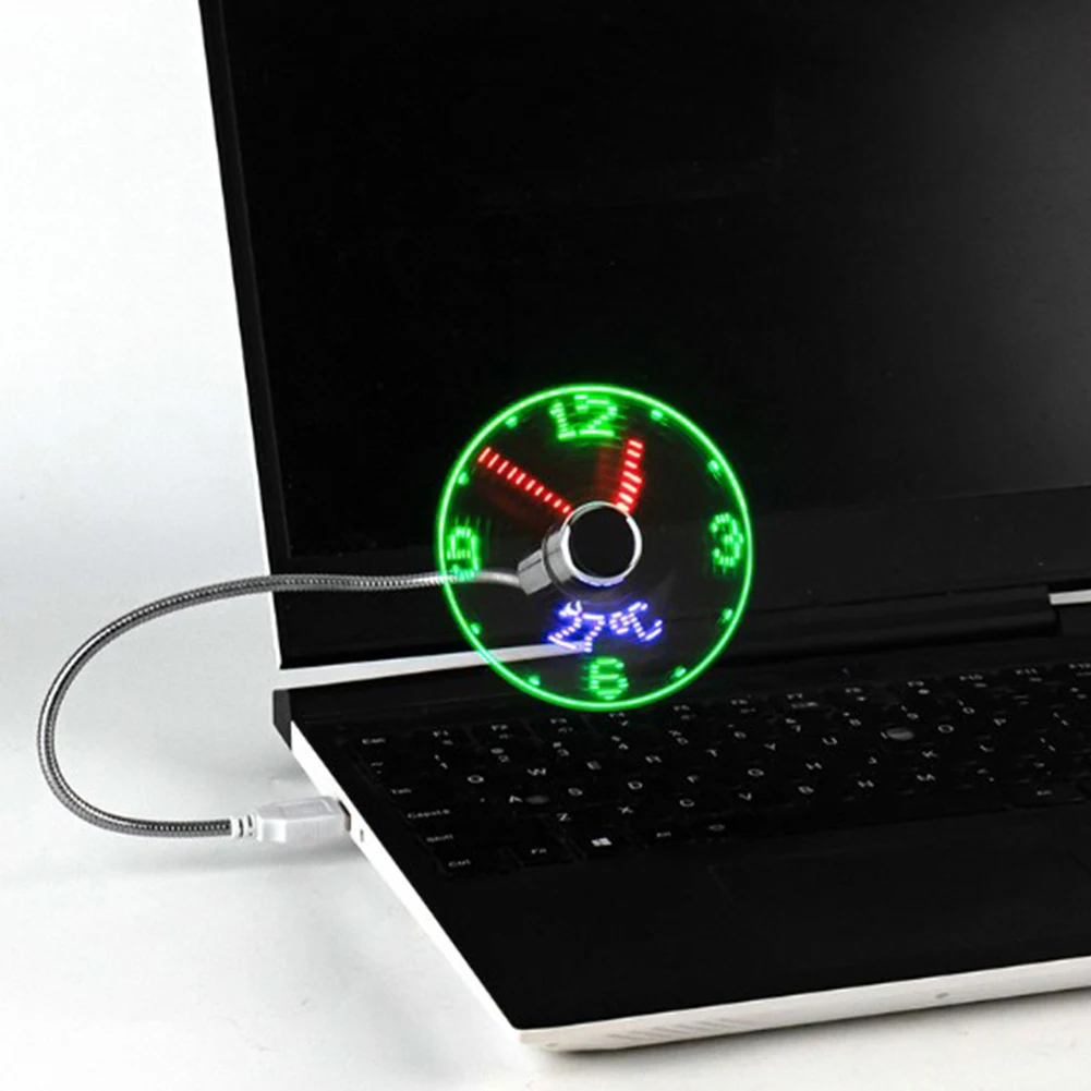 Portable Clock Fan RGB LED Night light 5V USB Hand Fan Real Time Temperature Display Metal Mini Fan