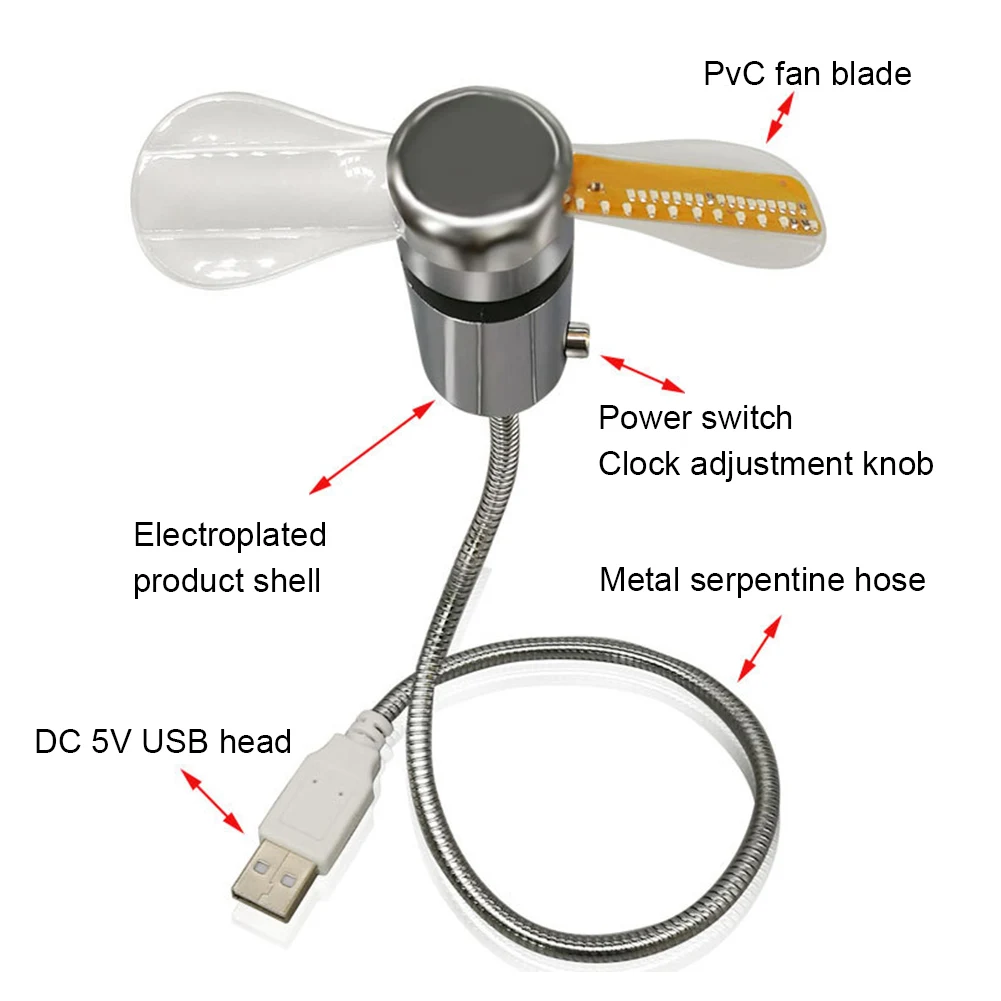 Portable Clock Fan RGB LED Night light 5V USB Hand Fan Real Time Temperature Display Metal Mini Fan