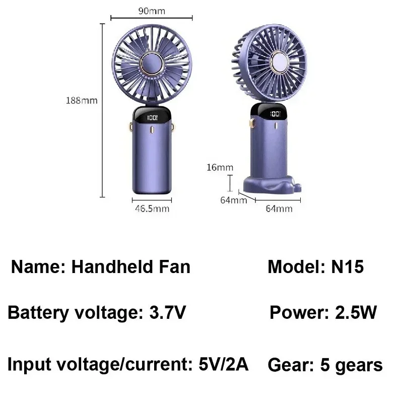 Handheld Neck Hanging USB Mini Fan Foldable Portable 5 Speed Rechargeable Fan,